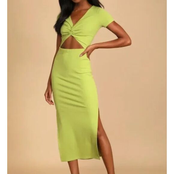 Lulus Green Ribbed Cutout Twist Front Midi Dress Size Large - Picture 1 of 8